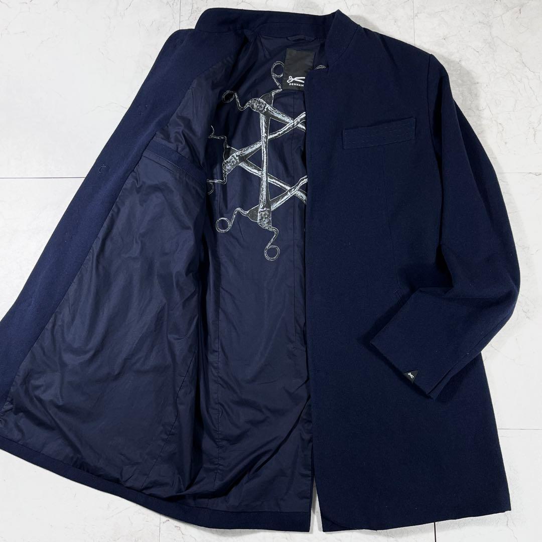 ✨美品 デンハム 希少 刺子 マオカラーコート ネイビー 刻印ボタン 裏プリント