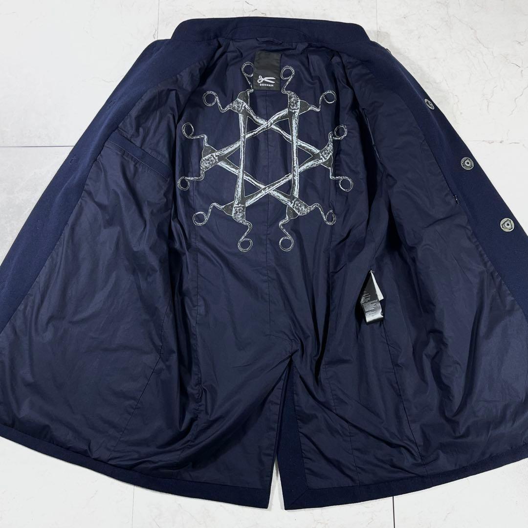 ✨美品 デンハム 希少 刺子 マオカラーコート ネイビー 刻印ボタン 裏プリント