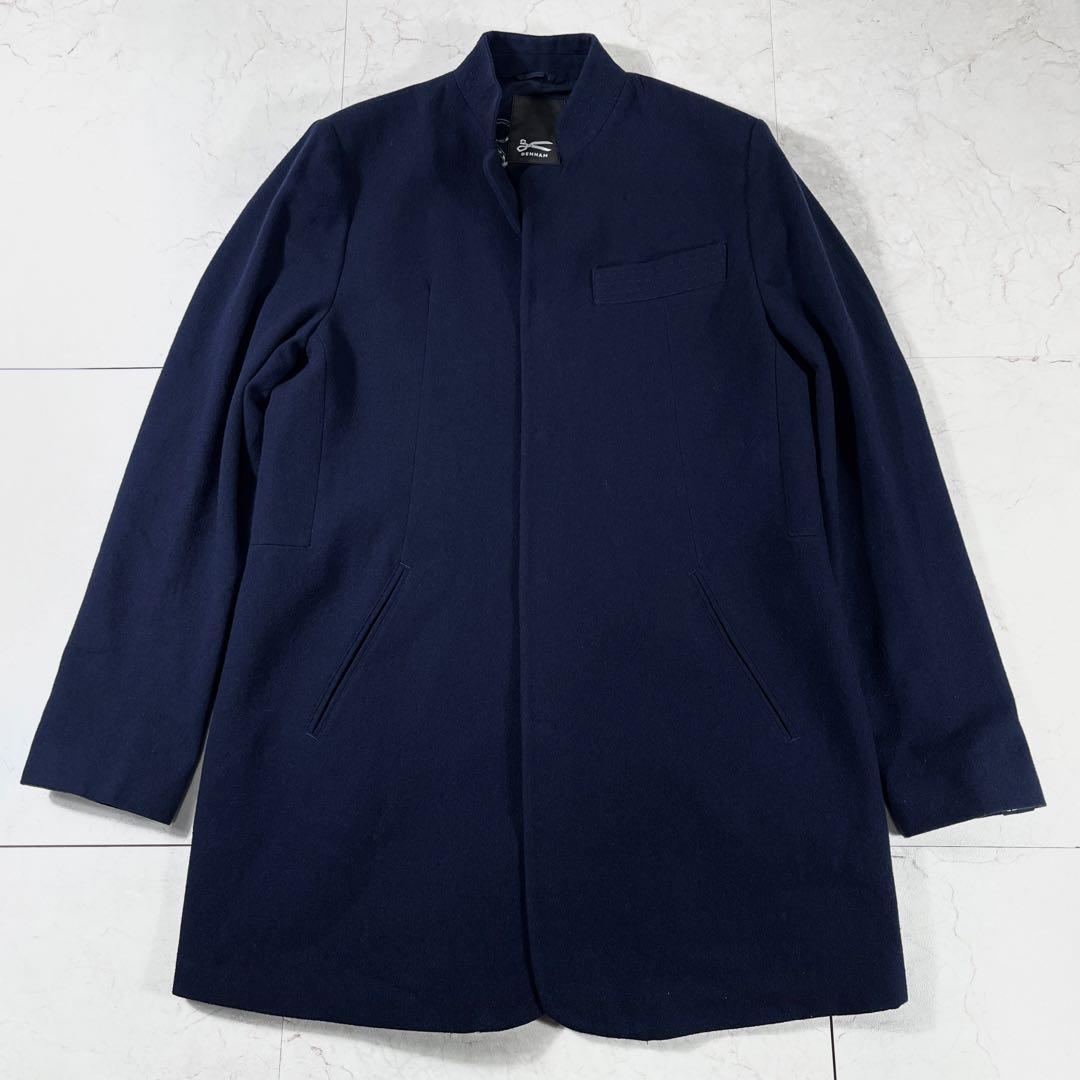 ✨美品 デンハム 希少 刺子 マオカラーコート ネイビー 刻印ボタン 裏プリント