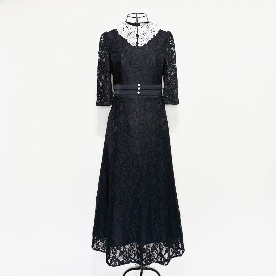 Leja レースビッグカラー花柄ウエストマークロングフレアワンピース 結婚式 S