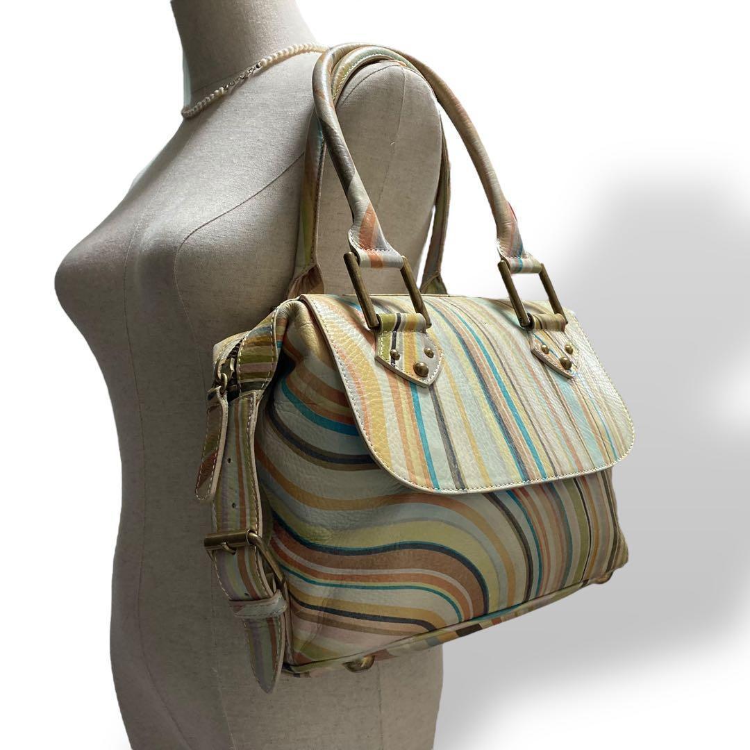 【美品】入手困難品　ポールスミス　マルチカラーボーダー柄　トートバッグ　レザー