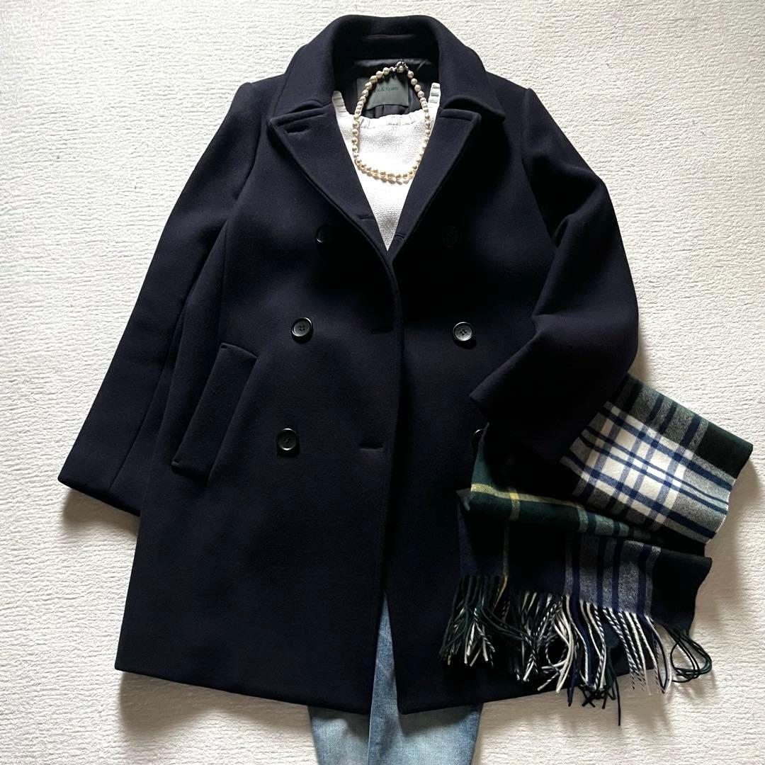 極美品 スピックアンドスパン ウール ピーコート 紺 38 ダブルブレスト