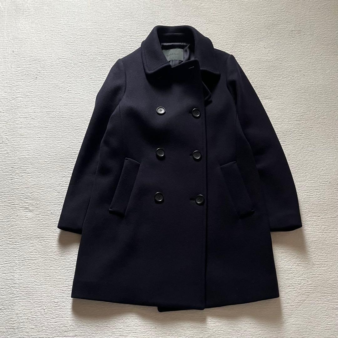 極美品 スピックアンドスパン ウール ピーコート 紺 38 ダブルブレスト