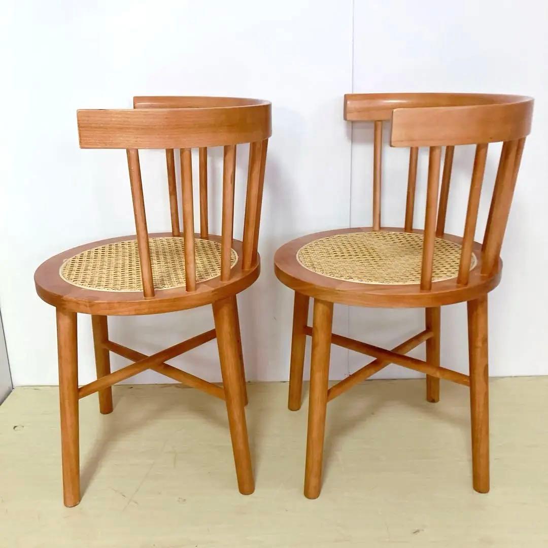 ラタン　ダイニングチェア　2脚セット　座面　籐中空シート　アームレスチェア