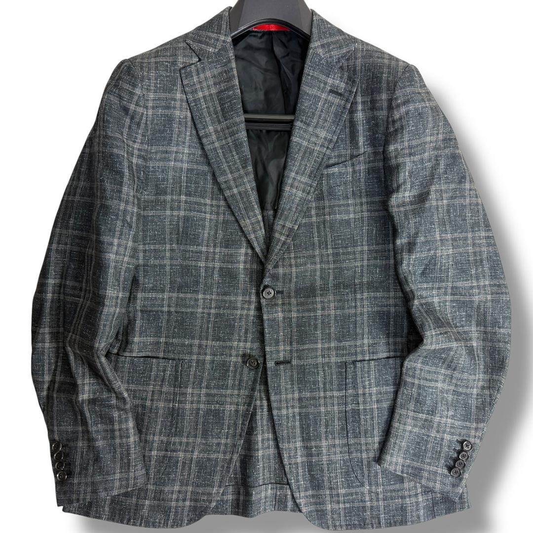 J7437 美品 イザイア CAPRIチェック柄リネンジャケット 濃灰 46