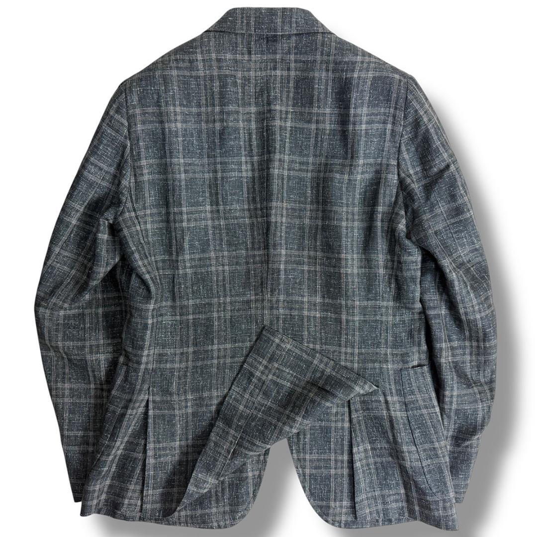 J7437 美品 イザイア CAPRIチェック柄リネンジャケット 濃灰 46