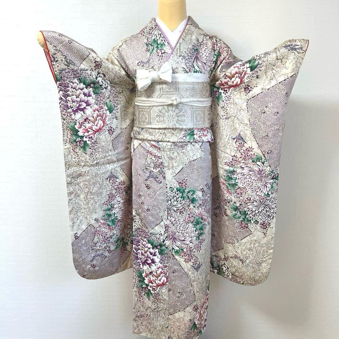 475 振袖フルセット 正絹 オフホワイト 薄紫 金彩 手描き 比翼仕立て 上品