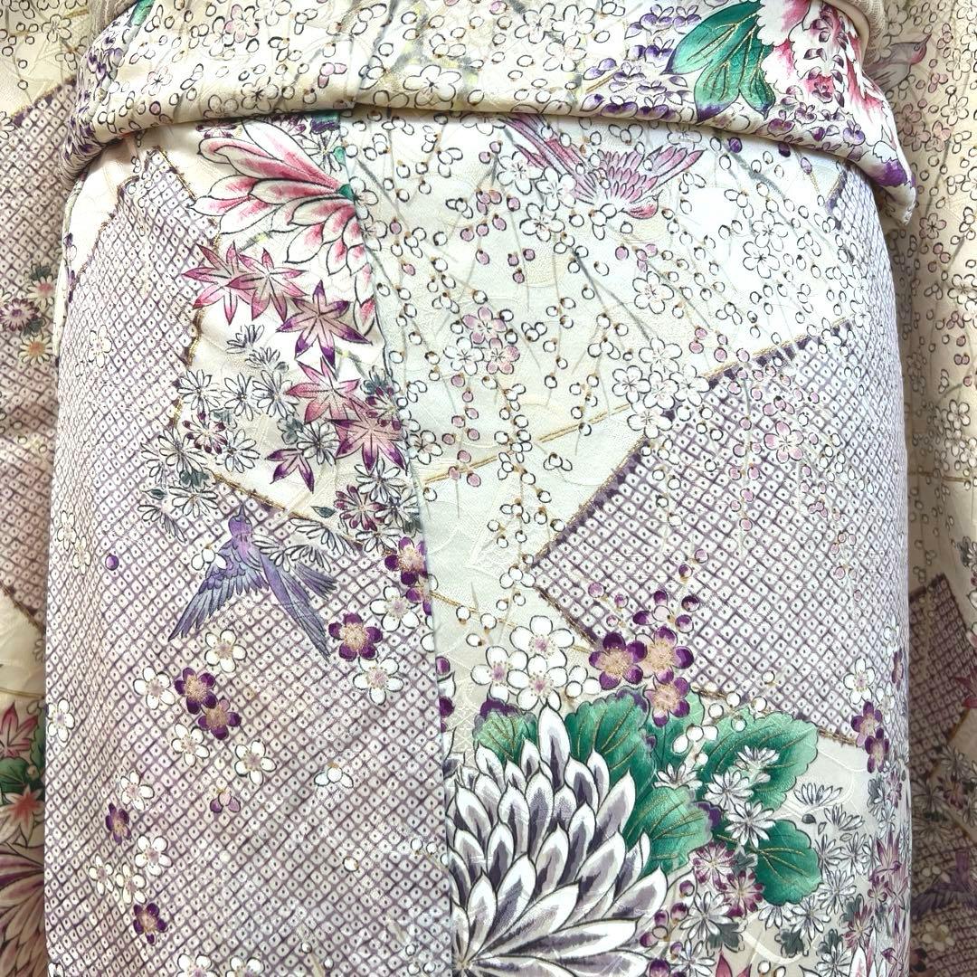 475 振袖フルセット 正絹 オフホワイト 薄紫 金彩 手描き 比翼仕立て 上品