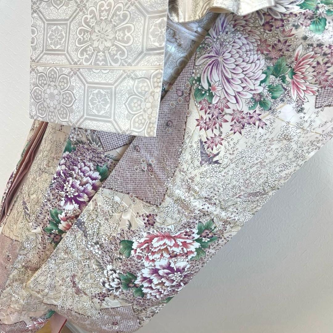 475 振袖フルセット 正絹 オフホワイト 薄紫 金彩 手描き 比翼仕立て 上品