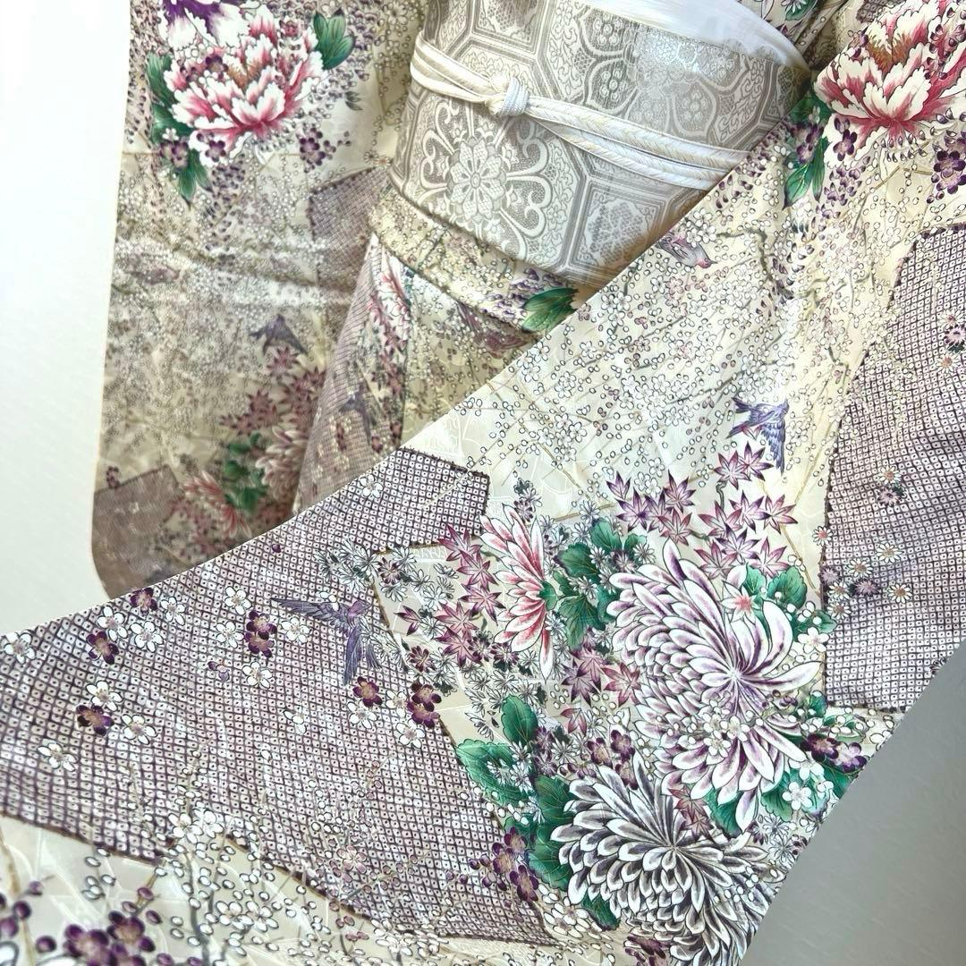 475 振袖フルセット 正絹 オフホワイト 薄紫 金彩 手描き 比翼仕立て 上品