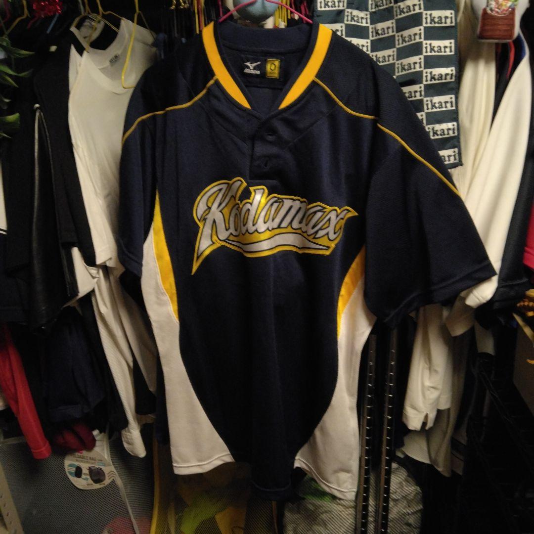 野球ウェア　ミズノ半袖ユニフォームネイビーアンドハンサムイエローラインLLサイズ