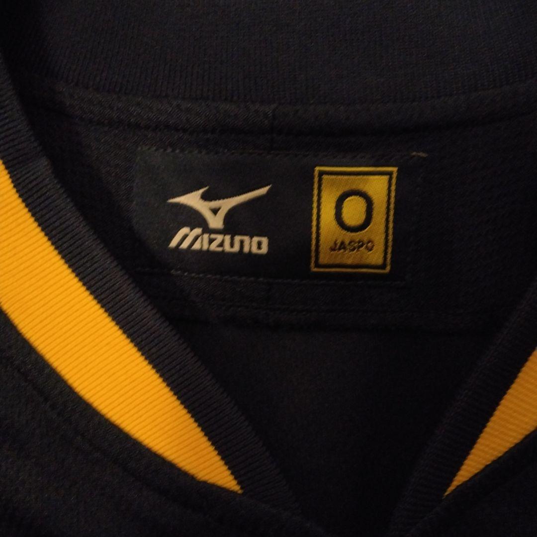 野球ウェア　ミズノ半袖ユニフォームネイビーアンドハンサムイエローラインLLサイズ
