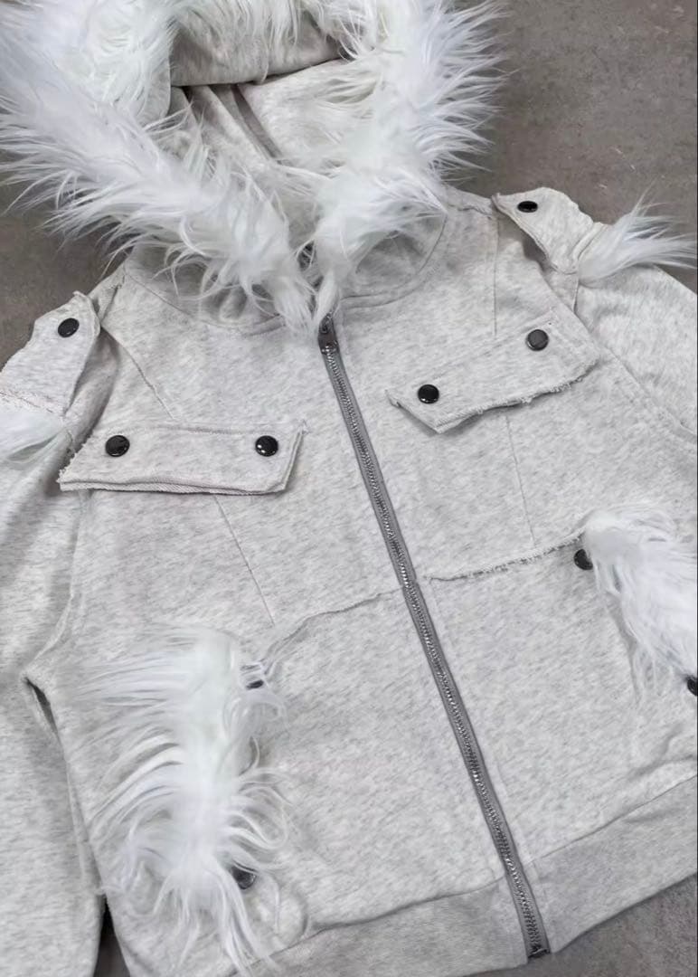 ファー パーカー 白 HIPHOP Y2K ミリタリー 短丈drip ギャル