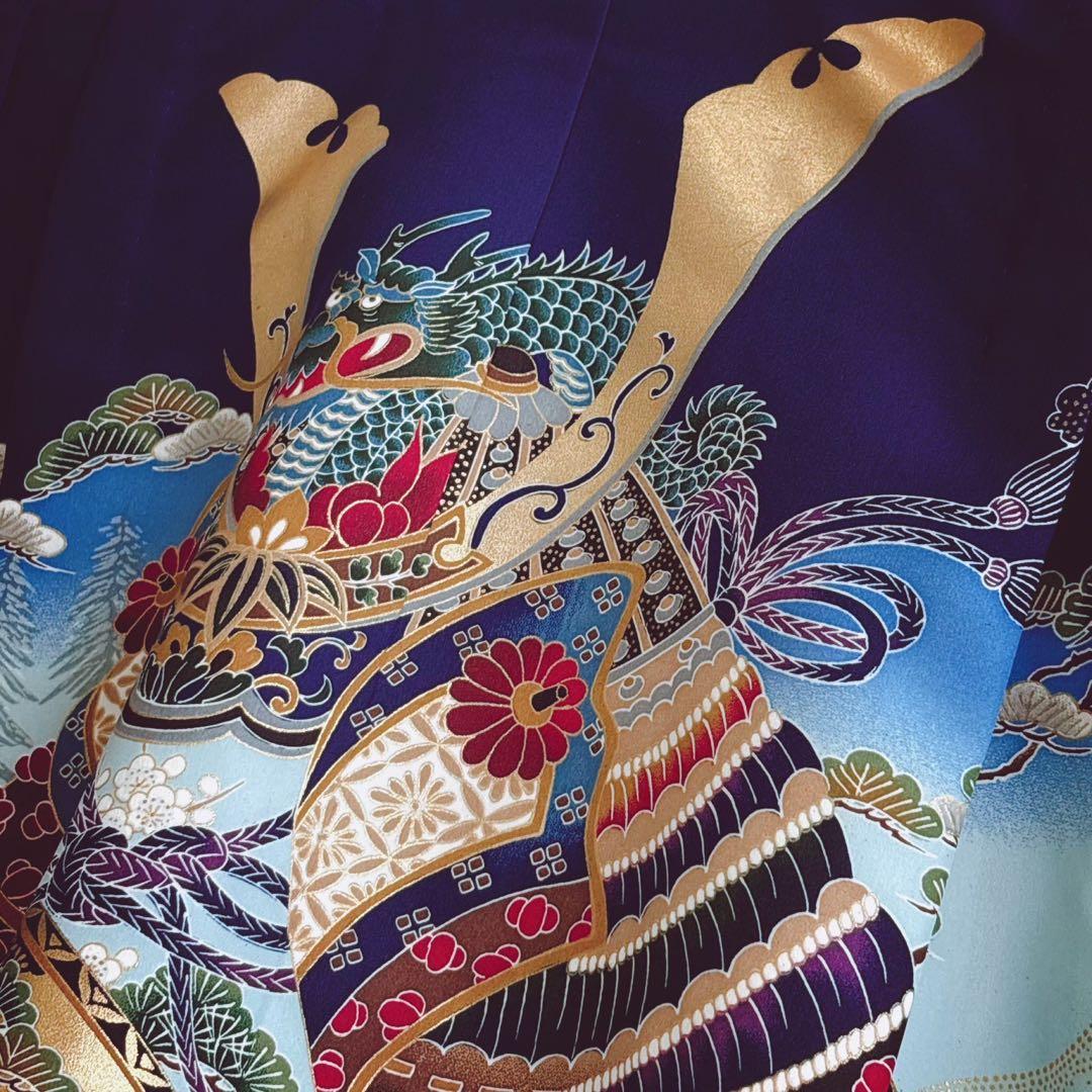 美品　七五三　５歳男の子　羽織　はおり　紺　兜　かぶと　化繊　5056