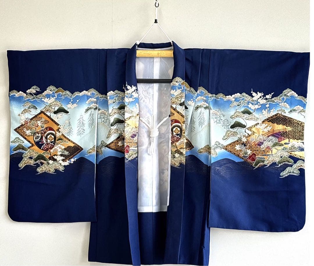 美品　七五三　５歳男の子　羽織　はおり　紺　兜　かぶと　化繊　5056