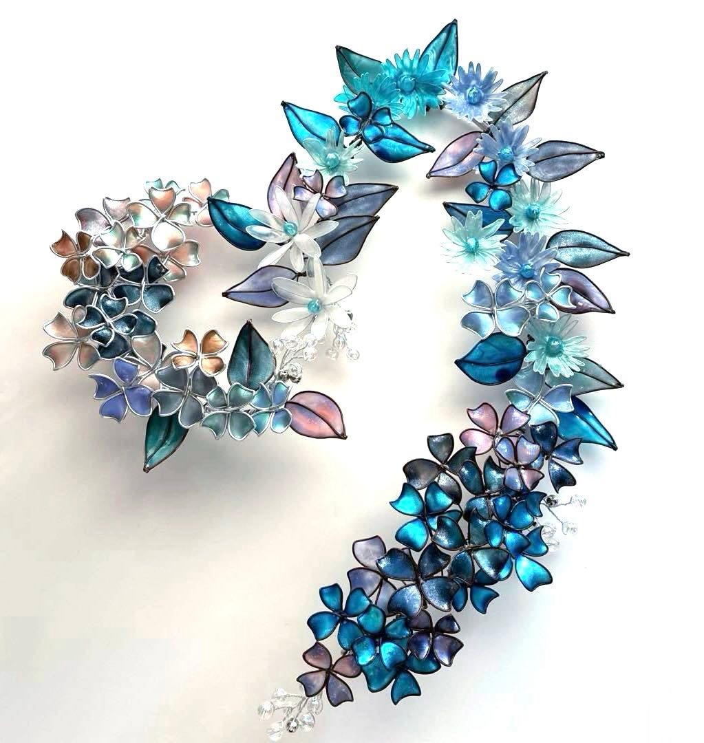 ブルー　大きなハート型フラワーリース　ワイヤークラフト　ディップアート　壁飾り