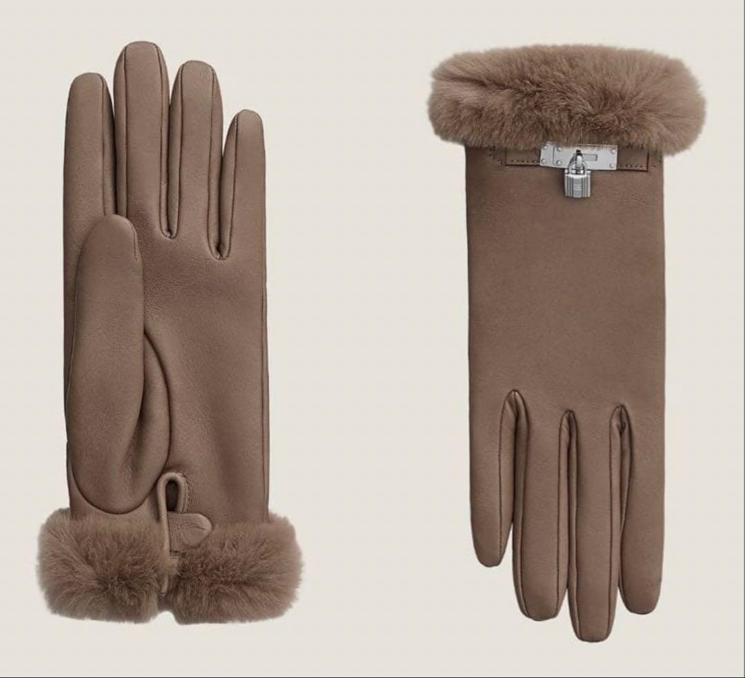 エルメス　ミンクファー付き手袋　 エトゥープ　シルバーケリー金具　7.5 18㎝