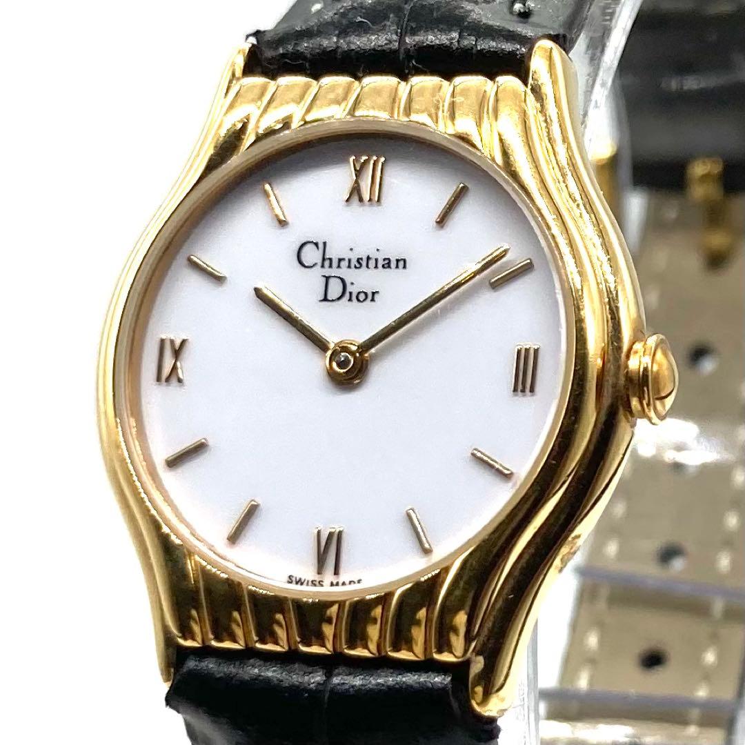 【稼働】 ディオール 腕時計 3048 クォーツ ゴールドベゼル ホワイト文字盤