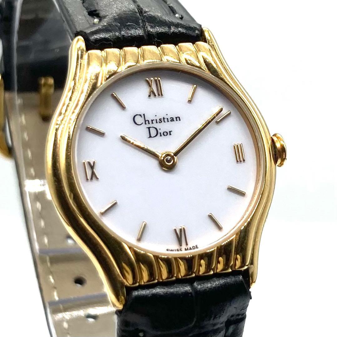 【稼働】 ディオール 腕時計 3048 クォーツ ゴールドベゼル ホワイト文字盤
