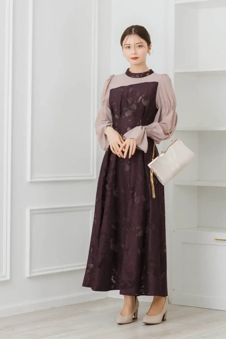 ❁ANDRESD バーガンディー アシンメトリータックドレス M