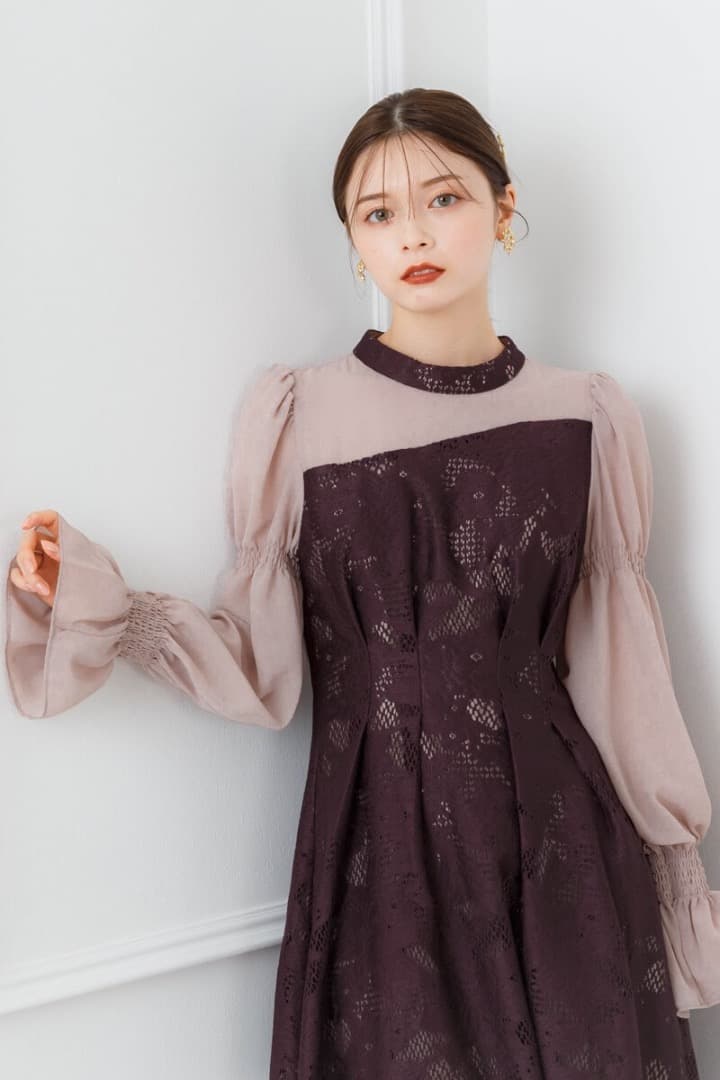 ❁ANDRESD バーガンディー アシンメトリータックドレス M