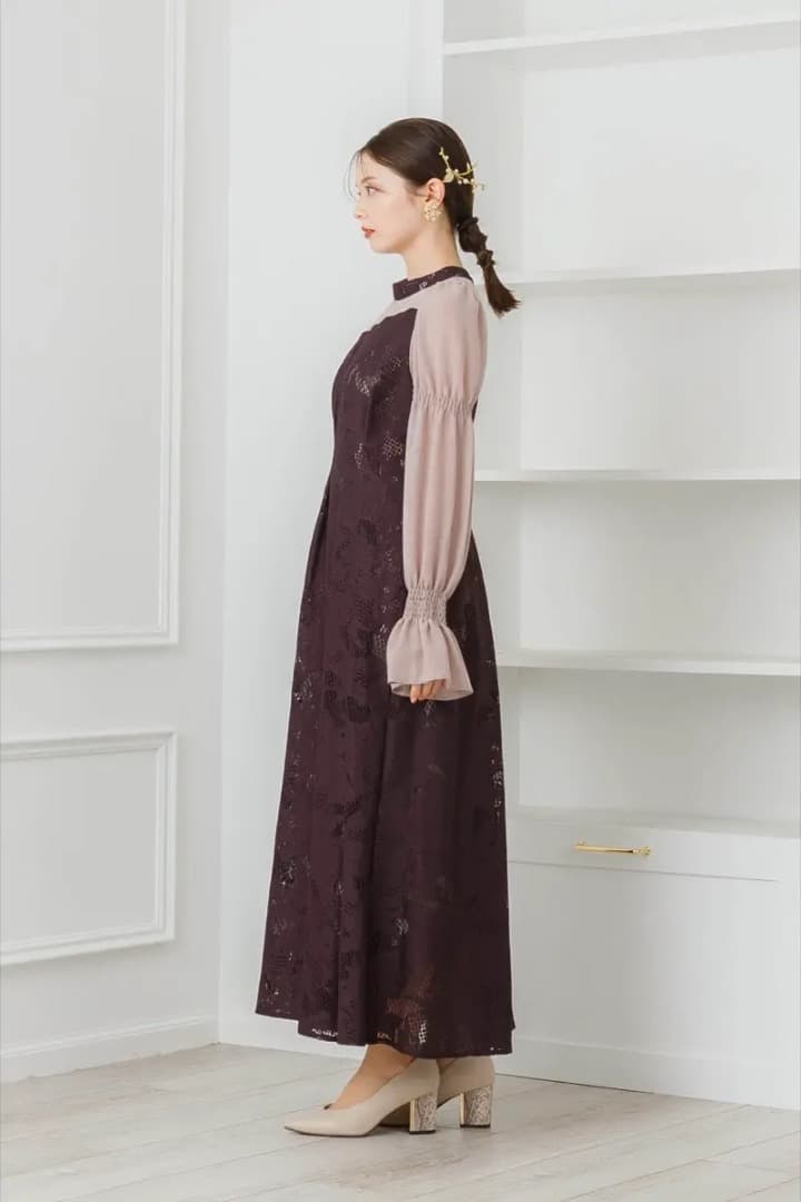 ❁ANDRESD バーガンディー アシンメトリータックドレス M