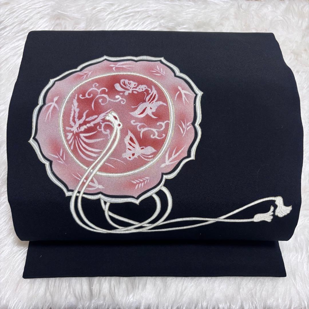 ✨ 【美品】九寸名古屋帯 モダン 鏡裏 お太鼓柄 黒地 帯 和装 和服 436