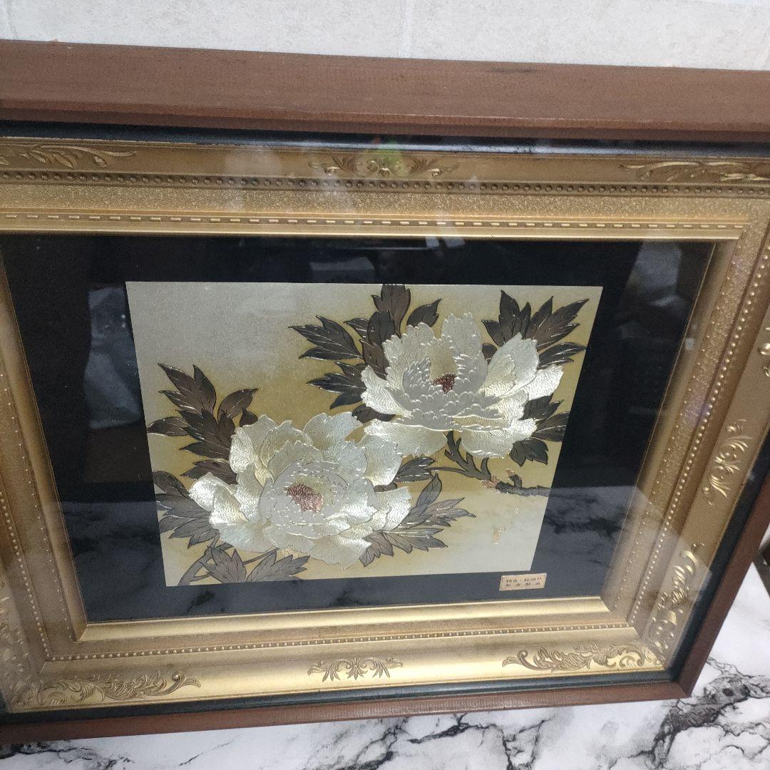 【レトロ】桂月刻 彫金 銅板彫刻 牡丹 花 絵画 額縁 額装 インテリア