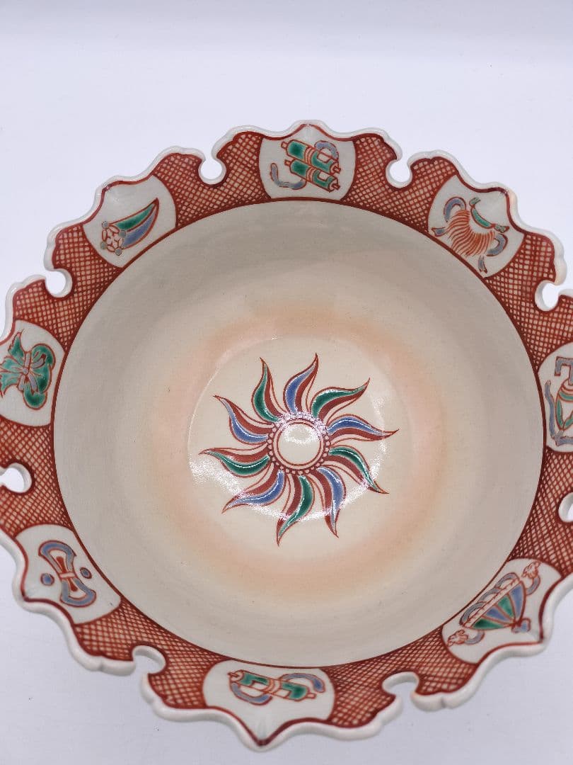 c561菓子器 赤絵雪輪 萬古窯 加賀瑞山 木箱 茶道具 古物