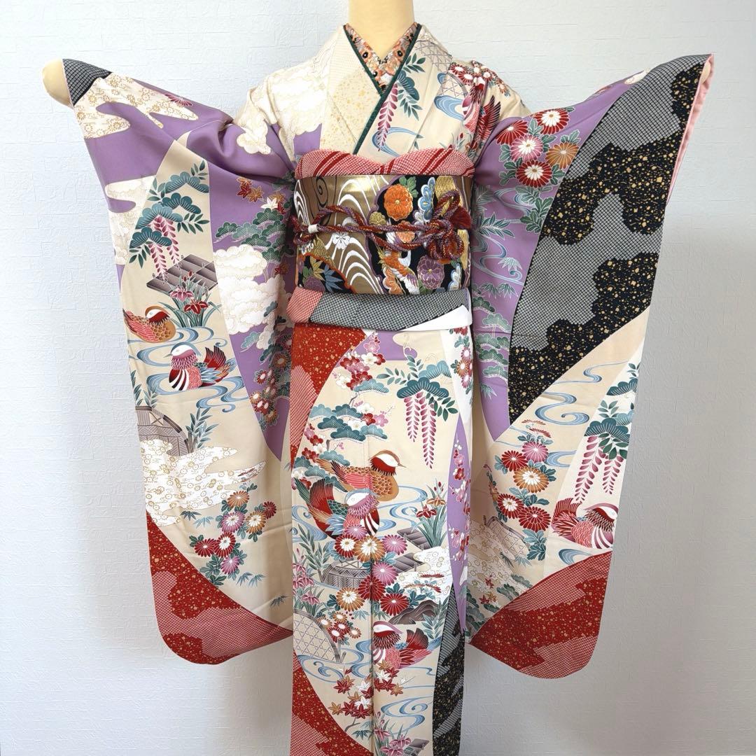 499 振袖フルセット 正絹 紫 赤 ベージュ 黒 金彩 駒刺繍 レトロ 鴛鴦