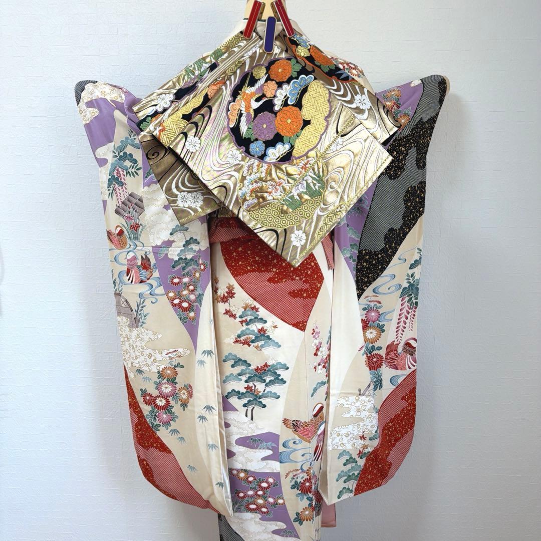 499 振袖フルセット 正絹 紫 赤 ベージュ 黒 金彩 駒刺繍 レトロ 鴛鴦