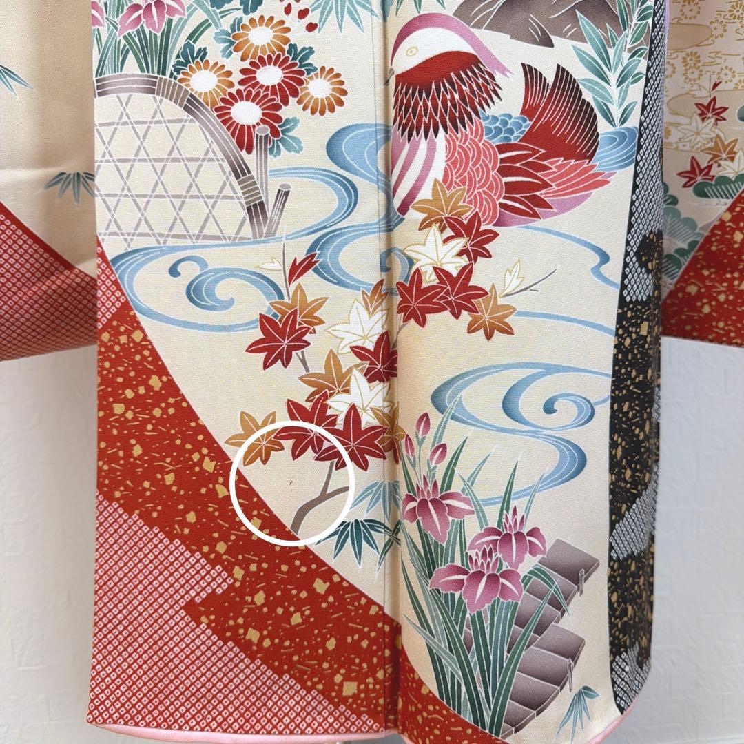 499 振袖フルセット 正絹 紫 赤 ベージュ 黒 金彩 駒刺繍 レトロ 鴛鴦