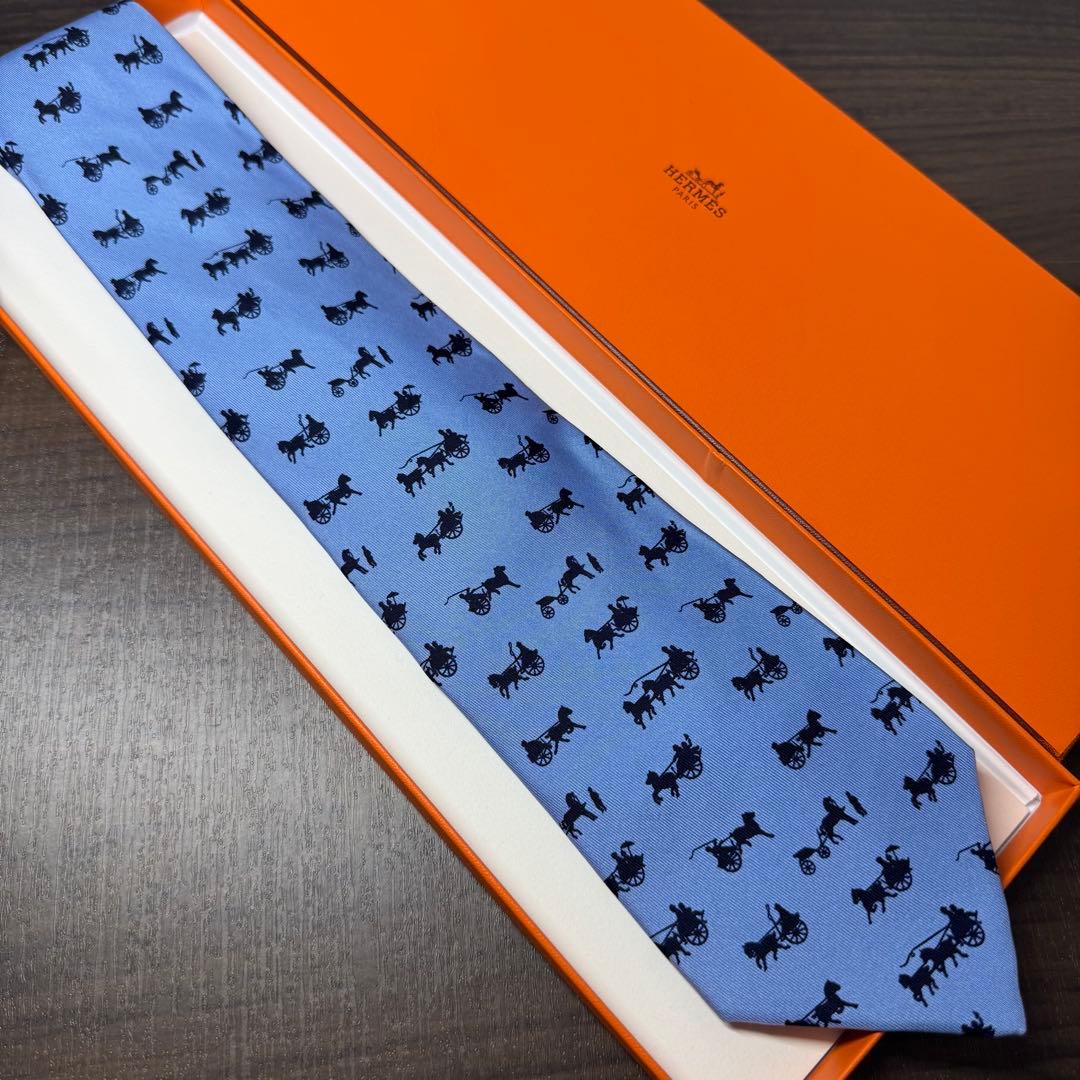 未使用 HERMES エルメス 『デュックとタイガー』モチーフ 馬車柄 ネクタイ