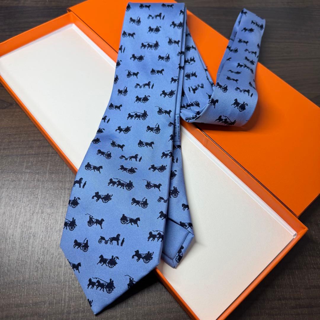 未使用 HERMES エルメス 『デュックとタイガー』モチーフ 馬車柄 ネクタイ