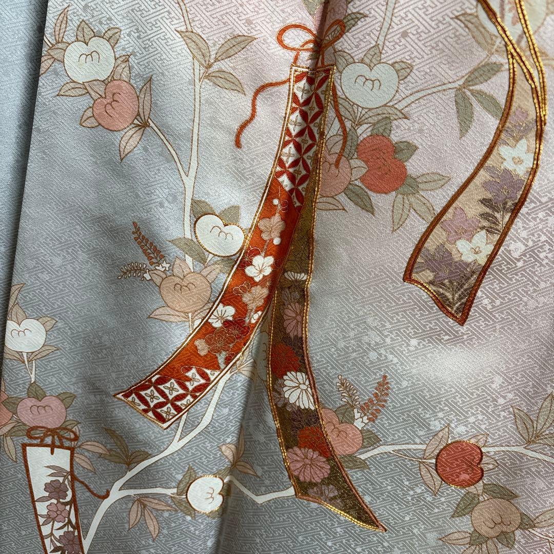 正絹　訪問着　短冊柄　　　　　　　　　　　　ブルーグレーとピンクグラデーション