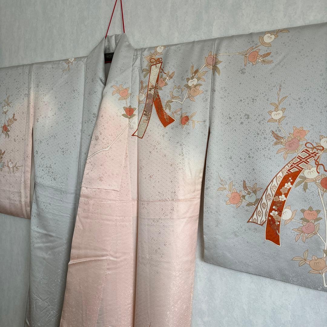 正絹　訪問着　短冊柄　　　　　　　　　　　　ブルーグレーとピンクグラデーション