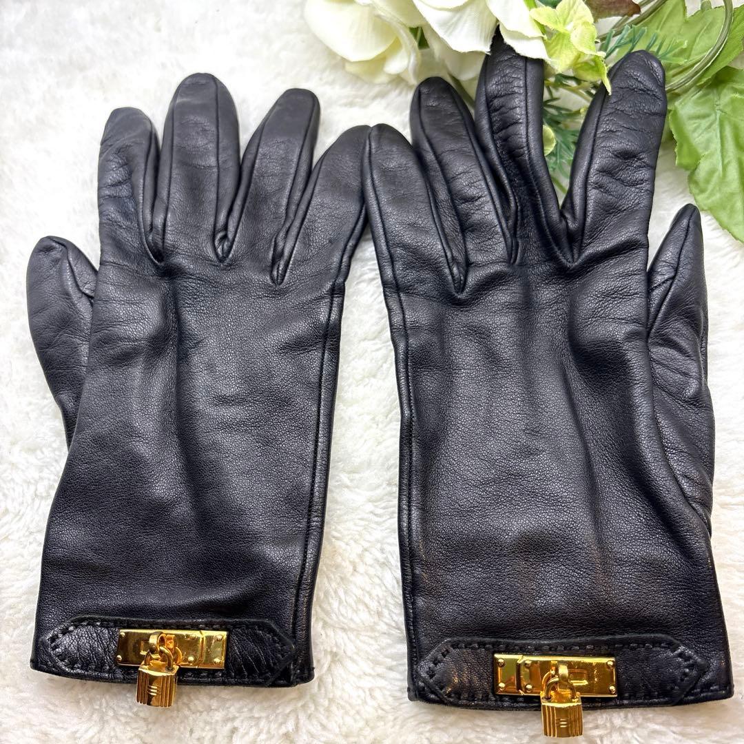 美品❣️HERMESエルメスケリーゴールド金具 手袋 グローブ レディースブラック