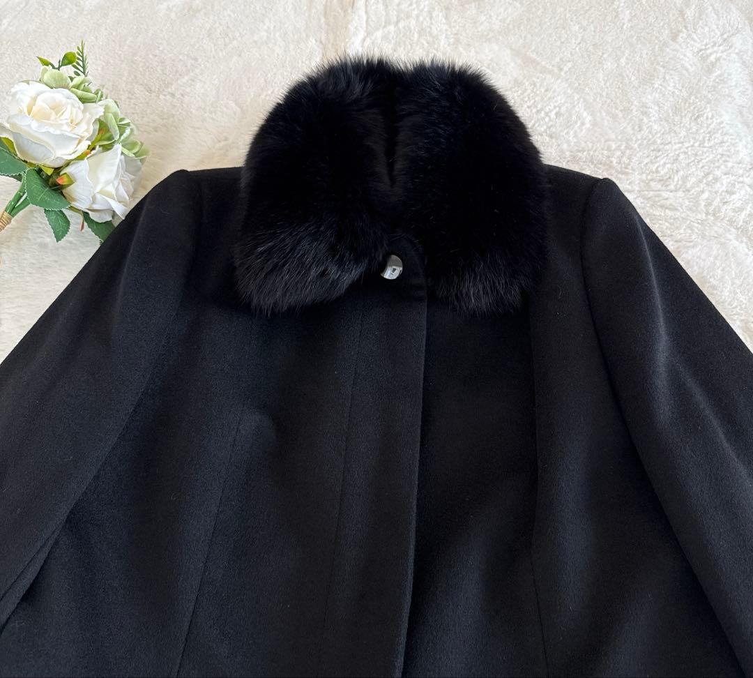 高級カシミヤ100% ブルーフォックスファー ロングコート 黒 XL 大きめ