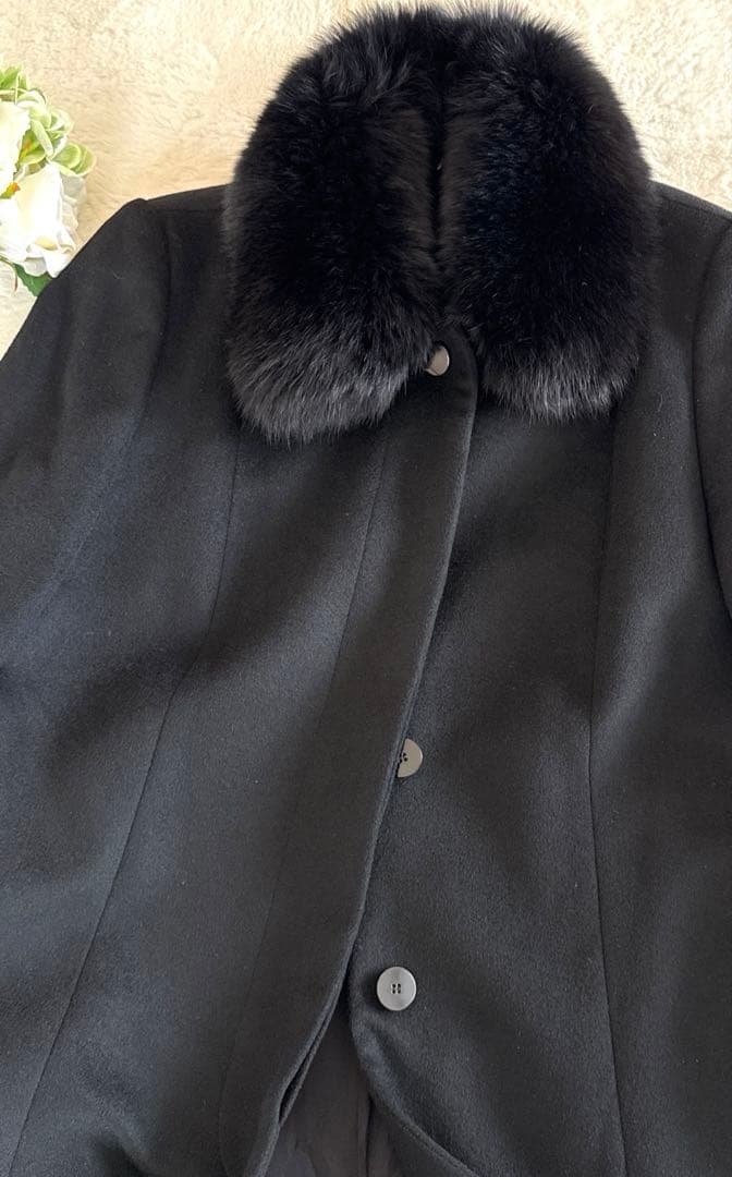 高級カシミヤ100% ブルーフォックスファー ロングコート 黒 XL 大きめ