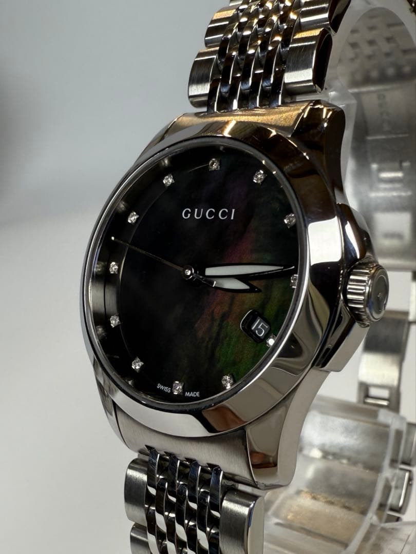 GUCCI Gタイムレス 12Pダイヤ ブラック126.5デイトQzレディース