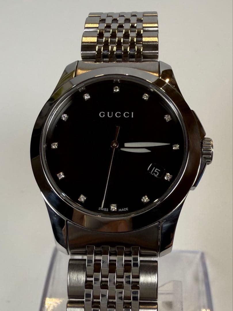 GUCCI Gタイムレス 12Pダイヤ ブラック126.5デイトQzレディース