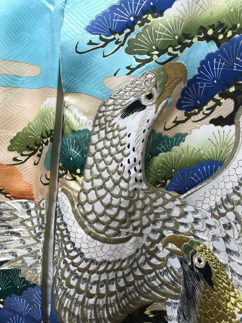 お宮参り着物　男の子　産着　豪華金銀刺繍❗️勇ましい鷹　鮮やかブルー❤️