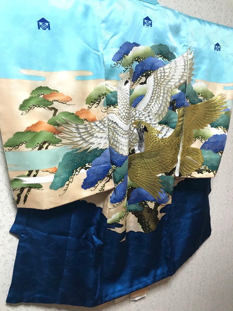 お宮参り着物　男の子　産着　豪華金銀刺繍❗️勇ましい鷹　鮮やかブルー❤️