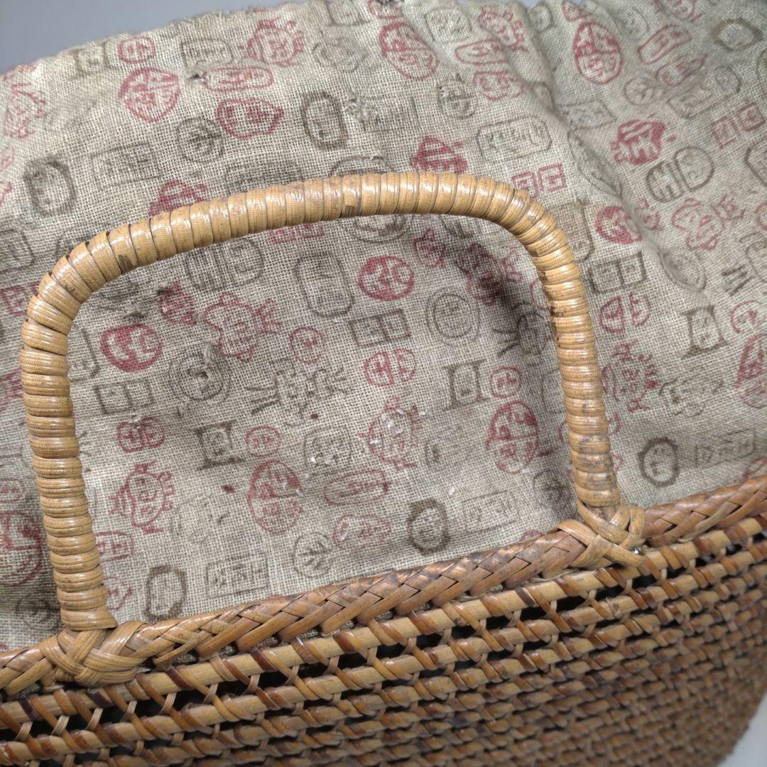 古い 籐編み 手提げ 籠／かご 古布 籐 バッグ