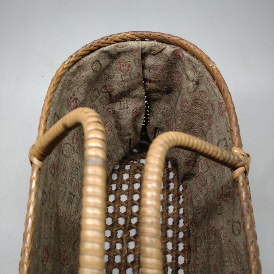 古い 籐編み 手提げ 籠／かご 古布 籐 バッグ