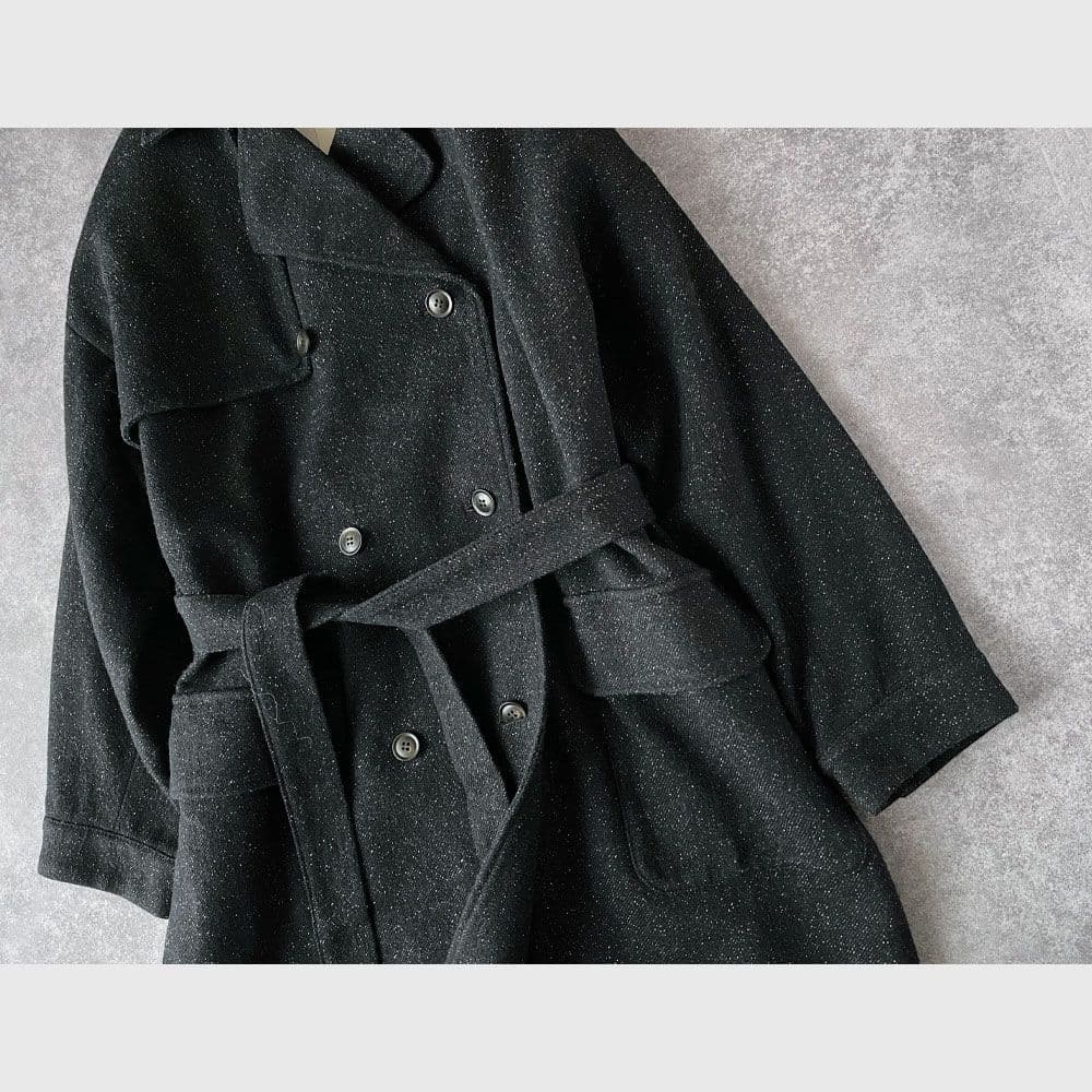 パーリッシィ ウール ロングコート ダブルブレスト ベルト 黒 ゆったり D19
