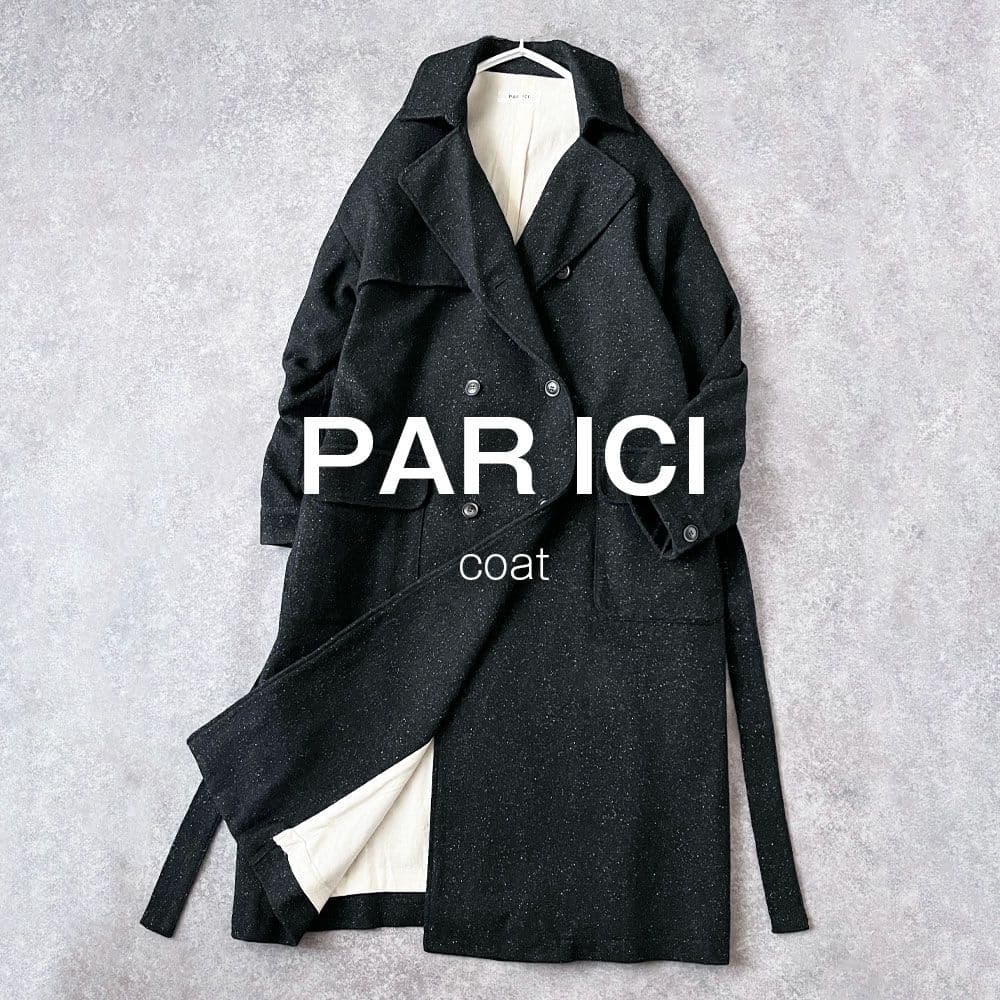 パーリッシィ ウール ロングコート ダブルブレスト ベルト 黒 ゆったり D19