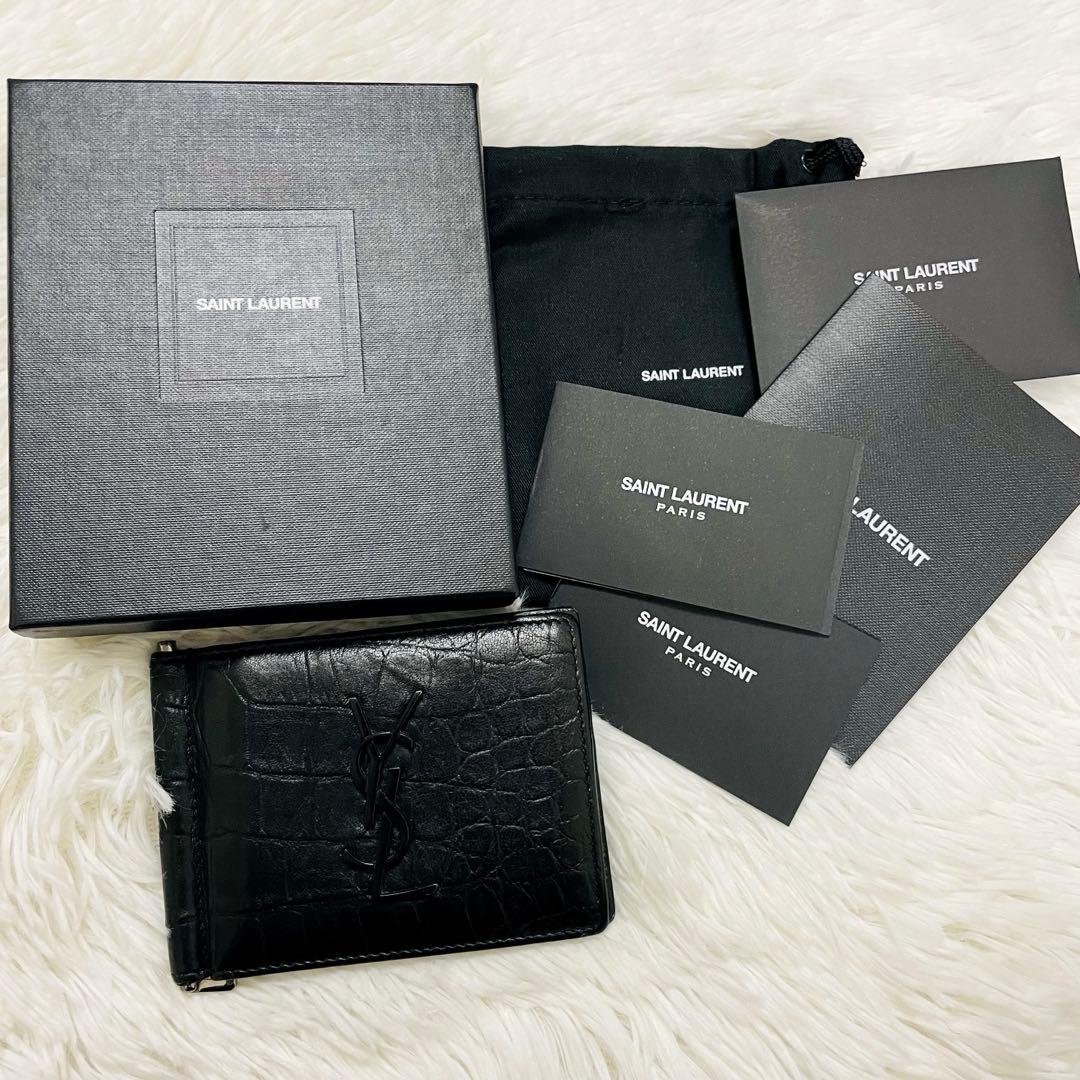 極美✨付属完備✨サンローラン マネークリップ クロコ 型押し レザー 黒