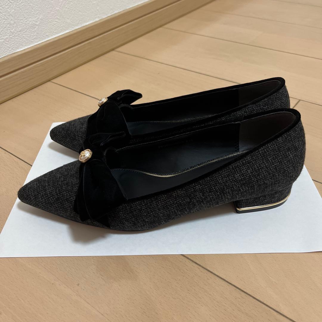 RANDA ベロアリボンクラシカルフラットパンプス ブラック