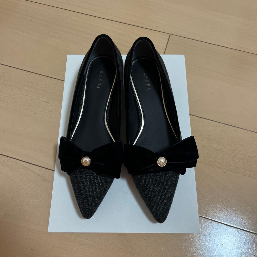 RANDA ベロアリボンクラシカルフラットパンプス ブラック